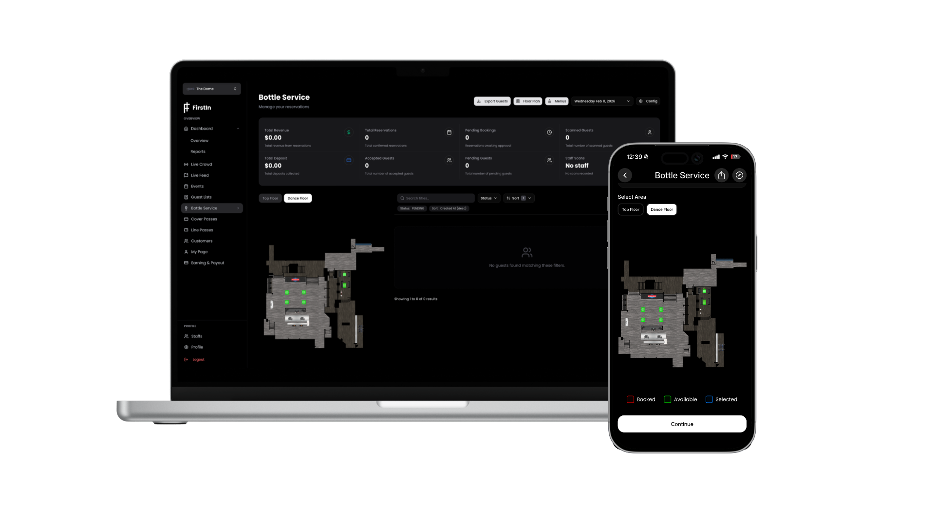 FirstIn Bottle Service dashboard and booking preview