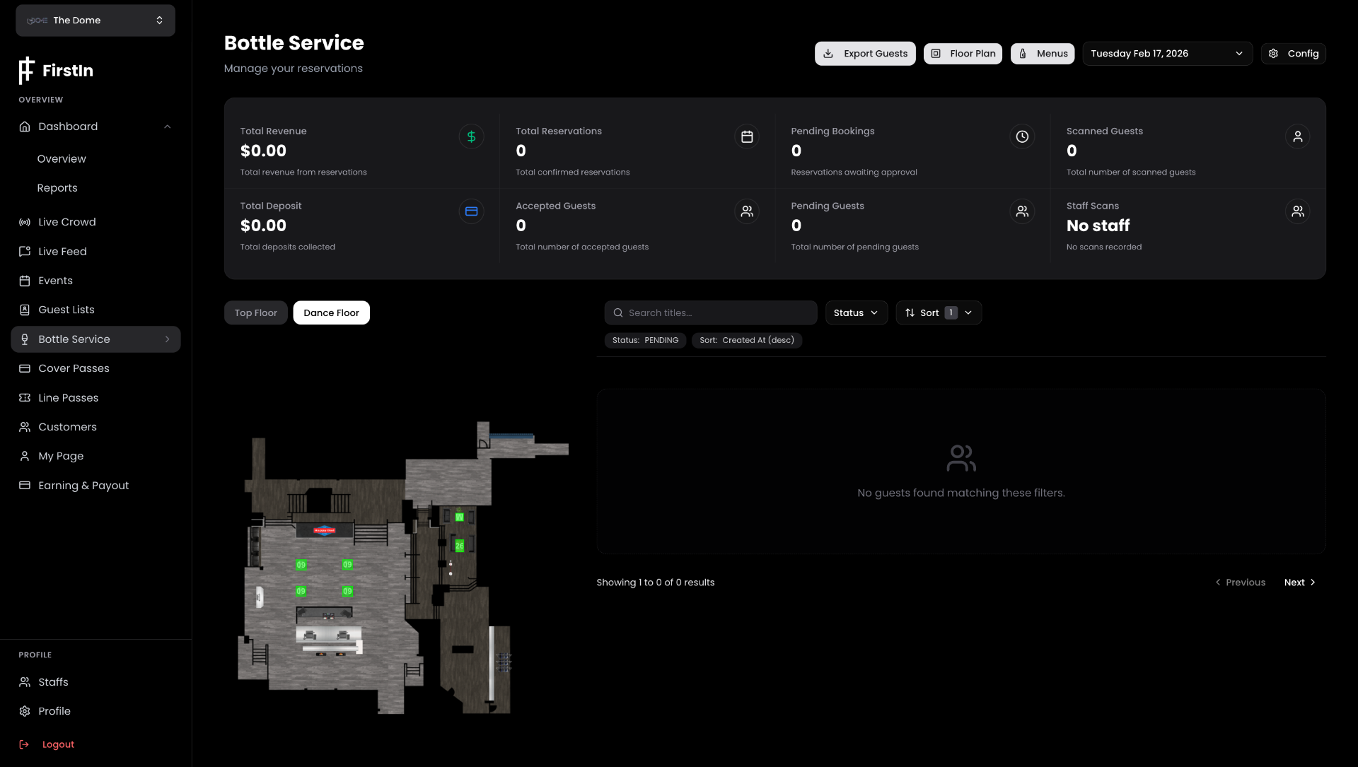 FirstIn Bottle Service dashboard