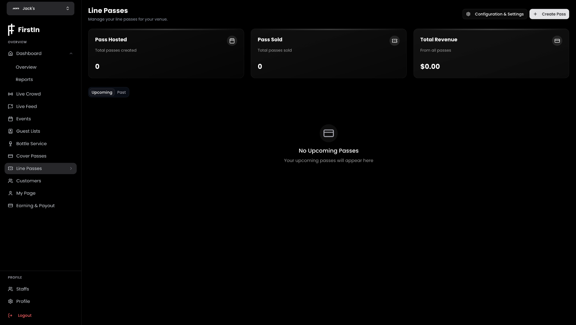 FirstIn Line Passes dashboard
