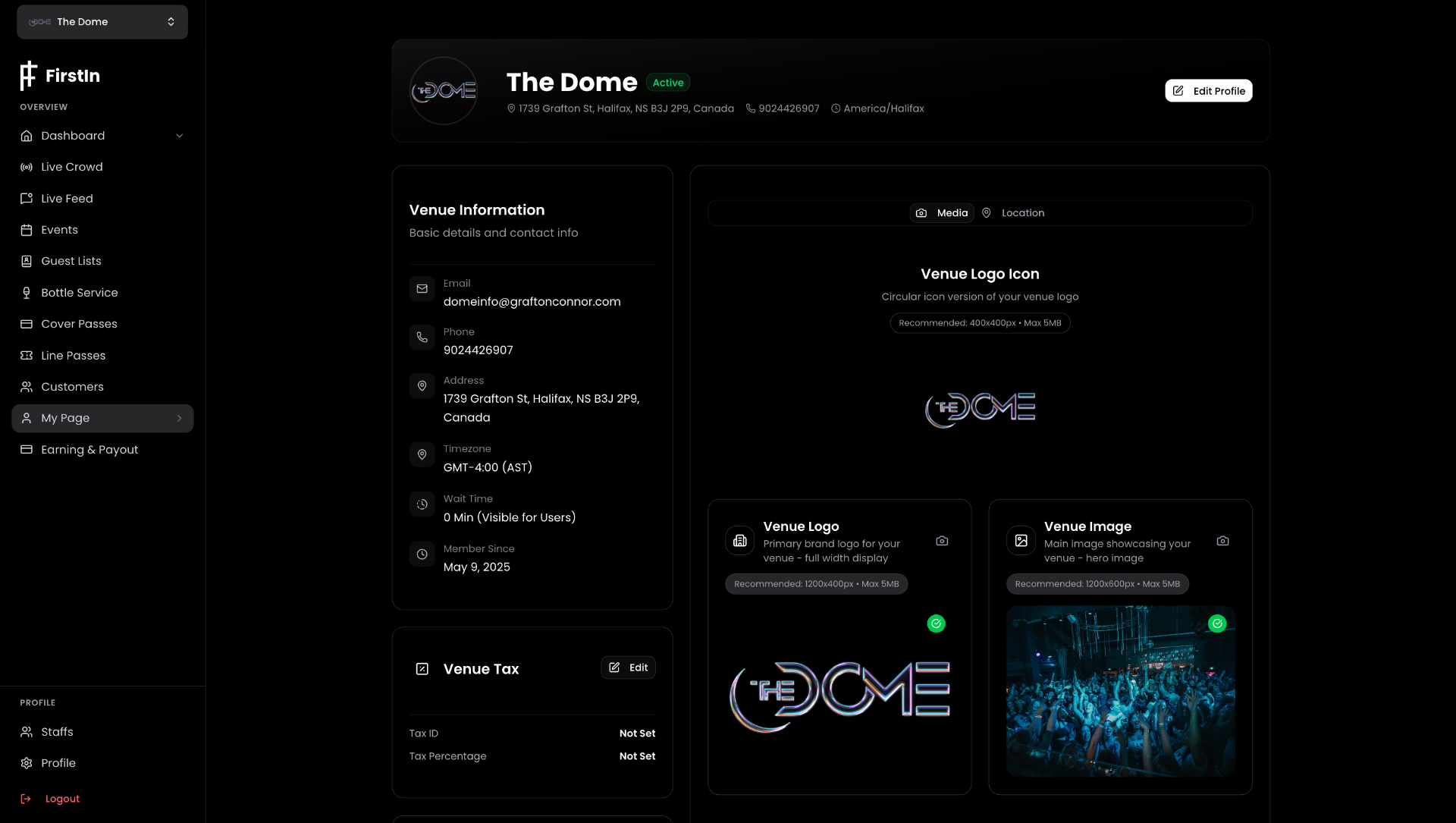 My Page overview — venue profile and settings hub