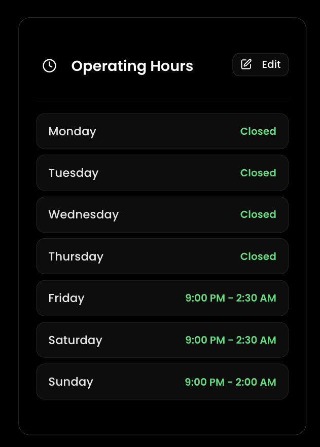 Operating Hours weekly schedule editor
