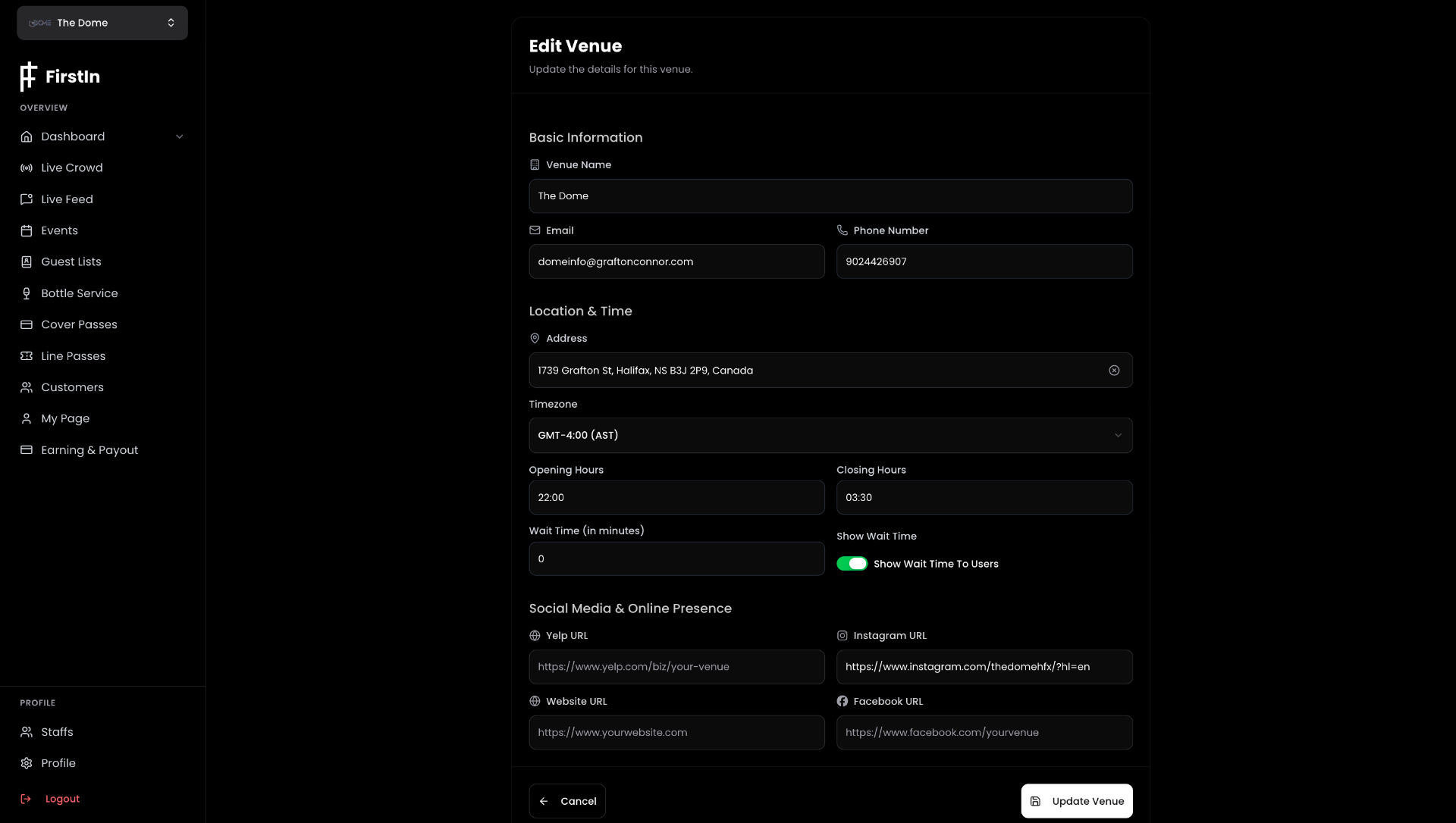 Venue Information panel showing contact details, timezone, and wait time